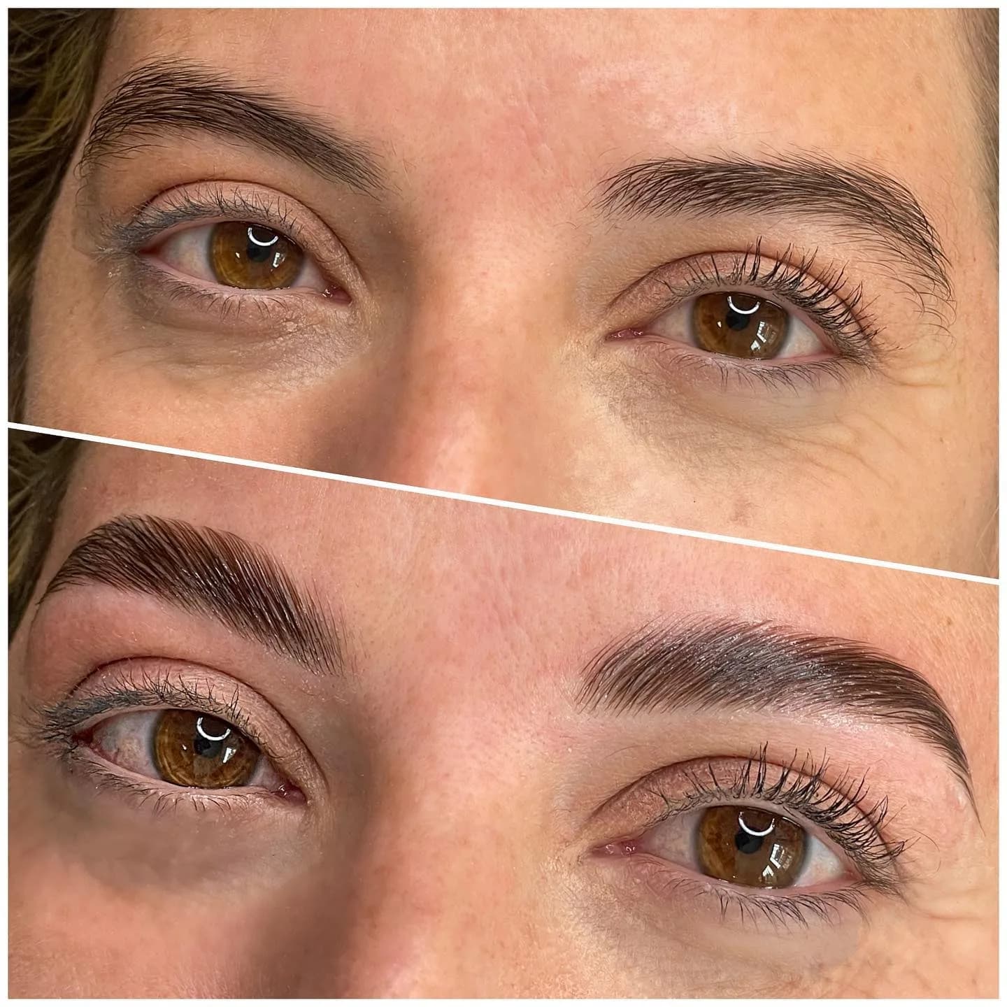 Antes y después de corrección de micropigmentación de cejas